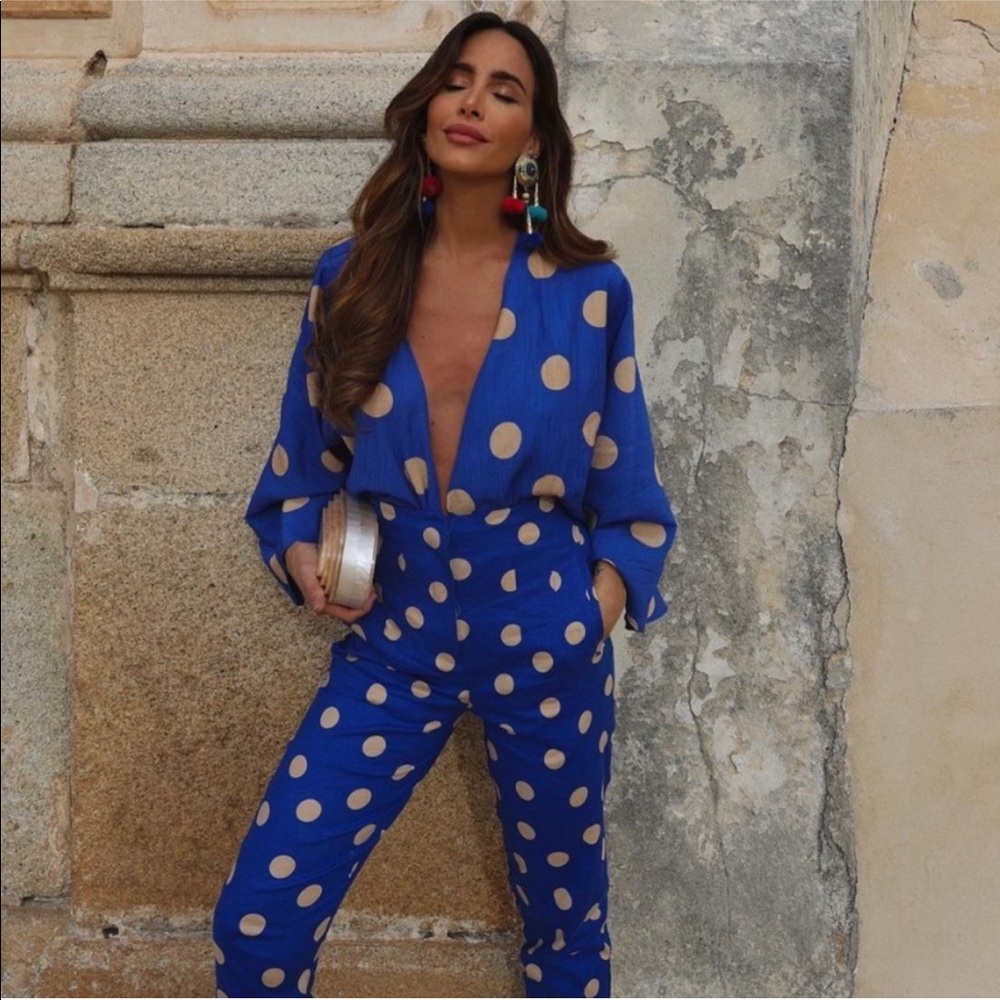 NWT Zara 2 Piece Polka Dot Linen Blouse and Pants Set